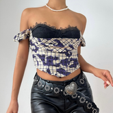 Off shoulder plaid print lace hem top