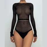 Long sleeve backless crewneck net bodysuit