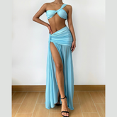 One shoulder ruched slit mesh maxi skirt set