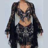 Long sleeve lace butterfly pattern metal chain top