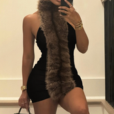 Halter fluffy backless mini dress