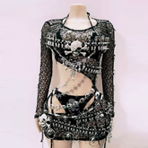 Long sleeve hollow out skull applique fishnet cut out mini dress