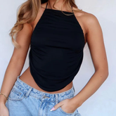 Halter backless self tie ruched solid top