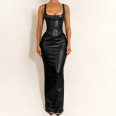U neck PU leather slit cami maxi dress