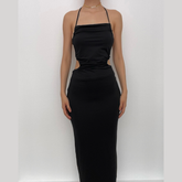 Solid hollow out drawstring backless halter cut out maxi dress