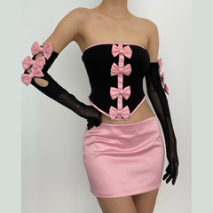 Mesh contrast bowknot gloves lace up tube backless mini skirt set-final-sale