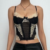 Lace hem contrast ruffle ruched patchwork cross back crop top