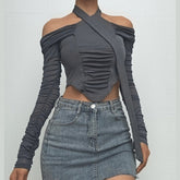 Off shoulder halter ruched crop top