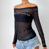 Off shoulder long sleeve beaded sheer mesh solid top