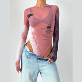 Long sleeve crewneck print sheer mesh bodysuit