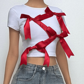 Short sleeve bowknot crewneck contrast top