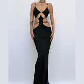 Hollow out o ring cross front slit cut out maxi dress