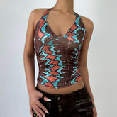 Ruched self tie halter v neck print contrast top