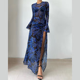 Long flared sleeve crewneck slit print mesh maxi dress