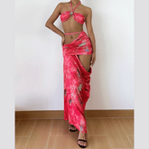 Halter self tie hollow out ruched maxi skirt set