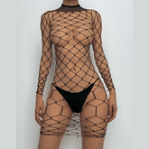 Long sleeve high neck fishnet hollow out lingerie set
