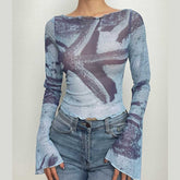 Sheer mesh see through flared sleeve contrast print 2-way top