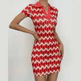 Short sleeve contrast turnover collar button mini dress