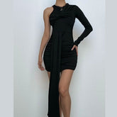 One shoulder long sleeve ruched mini dress