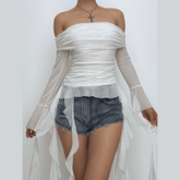 Long flared sleeve off shoulder mesh ruffle solid top