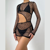Long sleeve halter hollow out 3 piece cut out mini dress