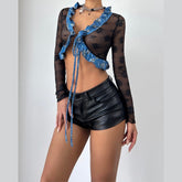 Long sleeve ruffle self tie crop top