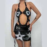 Halter beaded skeleton print o ring mini bodysuit