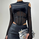 Crewneck long sleeve corset velvet metal chain top