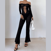 Off shoulder long sleeve hollow out lace hem jumpsuit
