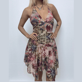 Halter self tie ruched print mesh v neck mini dress