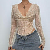 Cowl neck long sleeve irregular hollow out cut out top