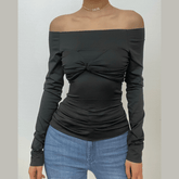 Mesh solid off shoulder ruched long sleeve top - Final Sale-final-sale