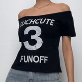 Short sleeve letter print off shoulder contrast top-final-sale