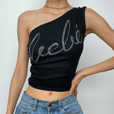 Beaded contrast one shoulder irregular ruched top
