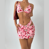 Halter self tie Cherry print v neck bikini swimwear