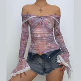 Off shoulder long sleeve flower print lace hem mesh top