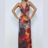 Halter self tie deep V neck leopard print maxi dress