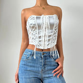 Lace up bustier button backless tube top