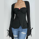 Long sleeve self tie ruched flower applique ruffle solid mini skirt set-final-sale