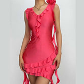 Sleeveless v neck ruffle flower applique ribbon mini dress-final-sale