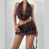 Glitter cowl neck halter backless mini skirt set
