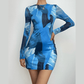 Long sleeve crewneck mesh contrast print mini dress-final-sale