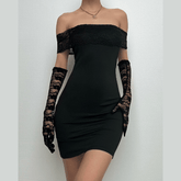Off shoulder gloves patchwork lace mini dress-final-sale