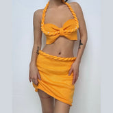 Halter knitted lace up beaded zip up mini skirt set