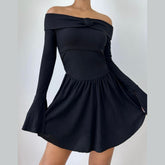 Flower applique off shoulder long flared sleeve slit mini dress