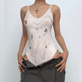 V neck backless print cami bodysuit