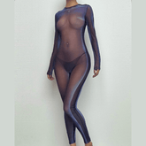 Long sleeve crewneck body print zip-up sheer mesh jumpsuit-final-sale