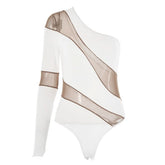 Irregular one shoulder mesh button bodysuit