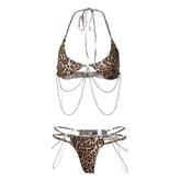 Halter self tie leopard print u neck metal chain pant set