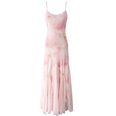 U neck lace hem flower print mesh cami maxi dress